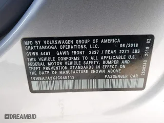 2018 Volkswagen Passat 2.0T SE with VIN 1VWBA7A3XJC045113, listed as a IAAI auction lot 41814006 with 59,095 mi miles. Bid and sale history available at carsss.com. Image 9.