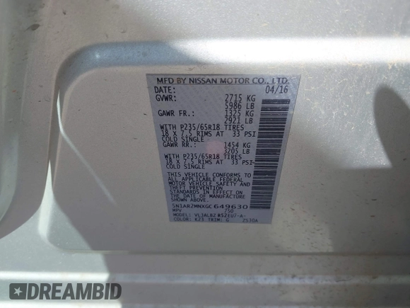 2016 Nissan Pathfinder Platinum with VIN 5N1AR2MNXGC649630, listed as a IAAI auction lot 42103299 with 108,042 mi miles and . Bid and sale history available at DreamBid. Image 9.