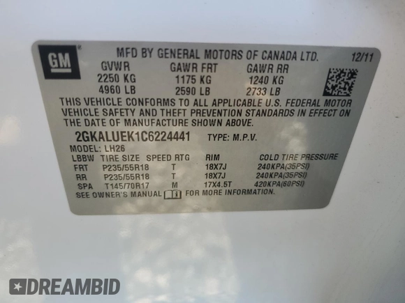 2012 GMC Terrain SLT-1 with VIN 2GKALUEK1C6224441, listed as a Copart auction lot 63457685 with 105,874 mi miles and Salvage title. Bid and sale history available at DreamBid. Image 13.