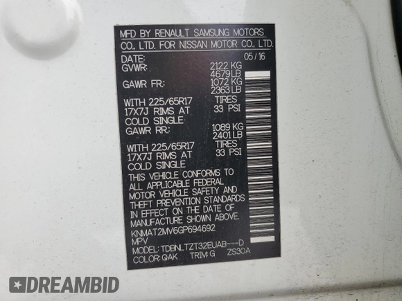 2016 Nissan Rogue SV with VIN KNMAT2MV6GP694692, listed as a Copart auction lot 46224705 with 109,939 mi miles and Salvage Title. Bid and sale history available at carsss.com. Image 13.
