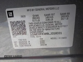 2020 Chevrolet Traverse LS with VIN 1GNEVFKW9LJ318331, listed as a IAAI auction lot 41409689 with 56,767 mi miles. Bid and sale history available at carsss.com. Image 9.