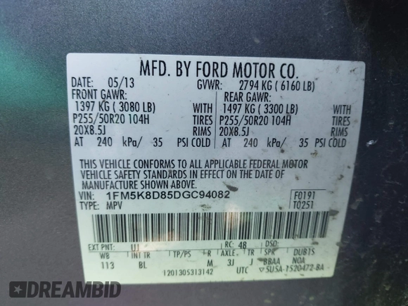 2013 Ford Explorer XLT with VIN 1FM5K8D85DGC94082, listed as a IAAI auction lot 41956976 with 174,017 mi miles and . Bid and sale history available at carsss.com. Image 9.