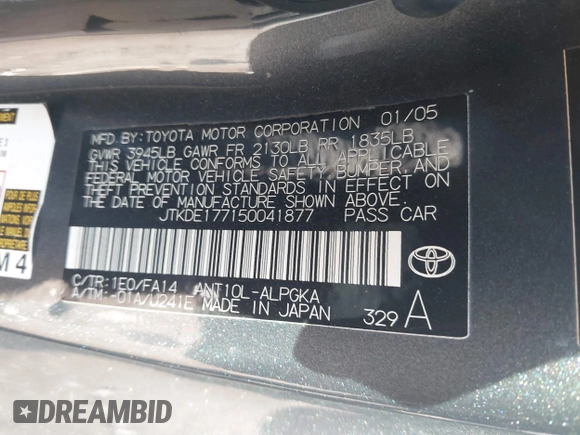 2005 Scion tC with VIN JTKDE177150041877, listed as a IAAI auction lot 41877581 with 240,179 mi miles. Bid and sale history available at carsss.com. Image 9.