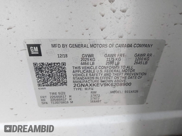 2019 Chevrolet Equinox LT with VIN 2GNAXKEV9K6208900, listed as a IAAI auction lot 41597307 with 159,364 mi miles. Bid and sale history available at carsss.com. Image 9.