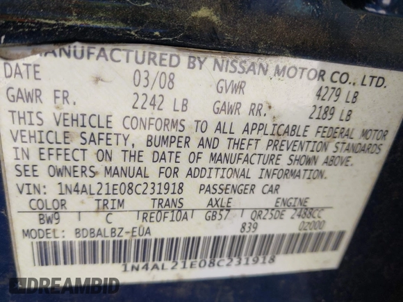 2008 Nissan Altima 2.5 with VIN 1N4AL21E08C231918, listed as a IAAI auction lot 42000914 with 191,057 mi miles. Bid and sale history available at carsss.com. Image 9.