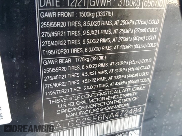 2022 Land Rover Range Rover Westminster с VIN SALGS2SE6NA472484, выставлен на аукционе Copart как лот 41686695 с пробегом Не указан миль и Списание • Salvage title. История ставок и продаж доступна на DreamBid. Изображение 13.
