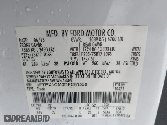 2013 Ford F-150 XL with VIN 1FTEX1CM0DFC81550, listed as a IAAI auction lot 42090759 with 1 mi miles. Bid and sale history available at carsss.com. Image 9.