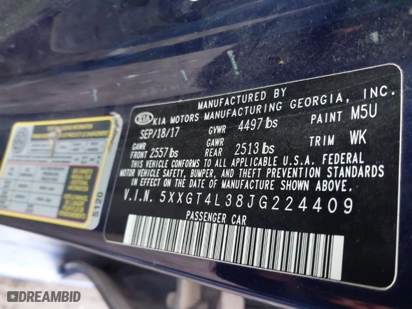 2018 Kia Optima LX with VIN 5XXGT4L38JG224409, listed as a IAAI auction lot 41427502 with 117,276 mi miles. Bid and sale history available at carsss.com. Image 9.