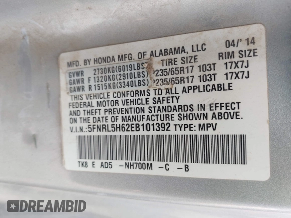 2014 Honda Odyssey EX-L with VIN 5FNRL5H62EB101392, listed as a IAAI auction lot 42689945 with 289,242 mi miles and . Bid and sale history available at DreamBid. Image 9.