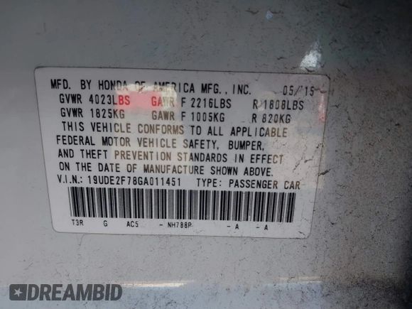 2016 Acura ILX Premium with VIN 19UDE2F78GA011451, listed as a IAAI auction lot 41076883 with 98,407 mi miles and . Bid and sale history available at DreamBid. Image 9.
