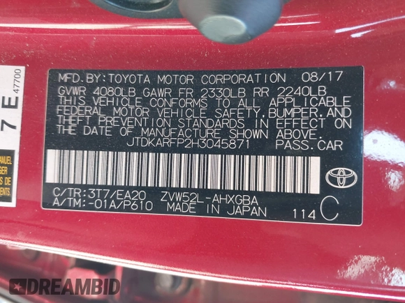 2017 Toyota Prius Plus with VIN JTDKARFP2H3045871, listed as a IAAI auction lot 39010761 with 91,544 mi miles and . Bid and sale history available at DreamBid. Image 9.