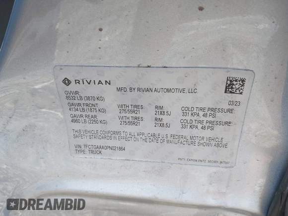 2023 Rivian R1T Adventure with VIN 7FCTGAAA0PN021864, listed as a IAAI auction lot 41620630 with 1 mi miles. Bid and sale history available at carsss.com. Image 9.