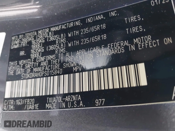 2023 Toyota Highlander L with VIN 5TDKDRAH0PS015840, listed as a IAAI auction lot 41537337 with 31,525 mi miles and . Bid and sale history available at DreamBid. Image 9.