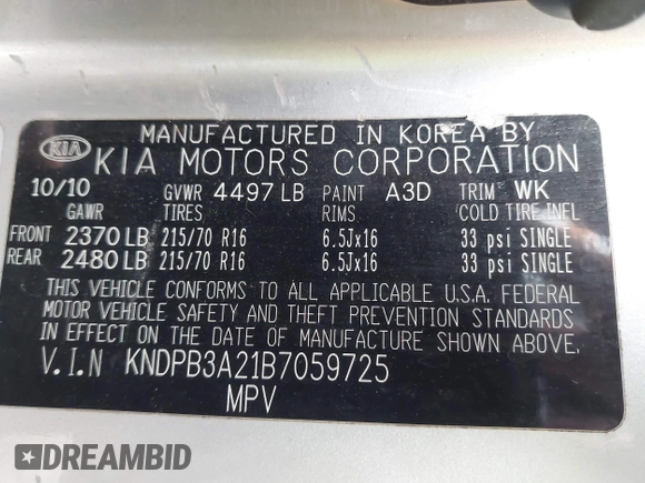 2011 Kia Sportage LX with VIN KNDPB3A21B7059725, listed as a IAAI auction lot 41814298 with 178,023 mi miles and . Bid and sale history available at carsss.com. Image 9.