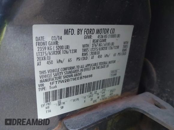 2014 Ford Super Duty F-250 SRW XL with VIN 1FT7W2BT9EEB76698, listed as a IAAI auction lot 41207848 with 155,694 mi miles. Bid and sale history available at carsss.com. Image 9.