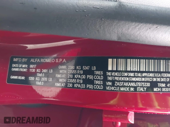 2018 Alfa Romeo Stelvio z VIN ZASFAKAN9J7B75330, wystawiony jako IAAI lot #41923353 z przebiegiem 68 251 mil mil oraz . Historia ofert i sprzedaży dostępna na DreamBid. Obrazek 9.