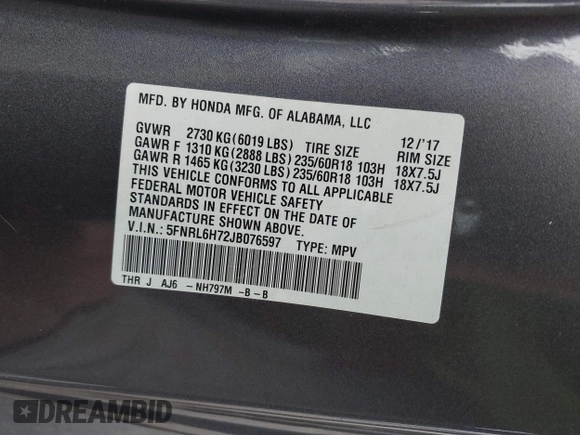 2018 Honda Odyssey EX-L with VIN 5FNRL6H72JB076597, listed as a IAAI auction lot 41838664 with 154,647 mi miles and . Bid and sale history available at DreamBid. Image 9.