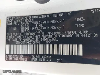 2019 Toyota Highlander SE with VIN 5TDKZRFHXKS308146, listed as a IAAI auction lot 41556837 with 52,555 mi miles. Bid and sale history available at carsss.com. Image 9.