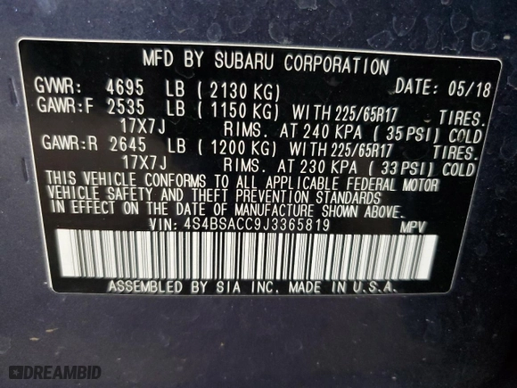 2018 Subaru Outback Premium with VIN 4S4BSACC9J3365819, listed as a Copart auction lot 51110225 with 36,285 mi miles and Salvage Title. Bid and sale history available at carsss.com. Image 13.
