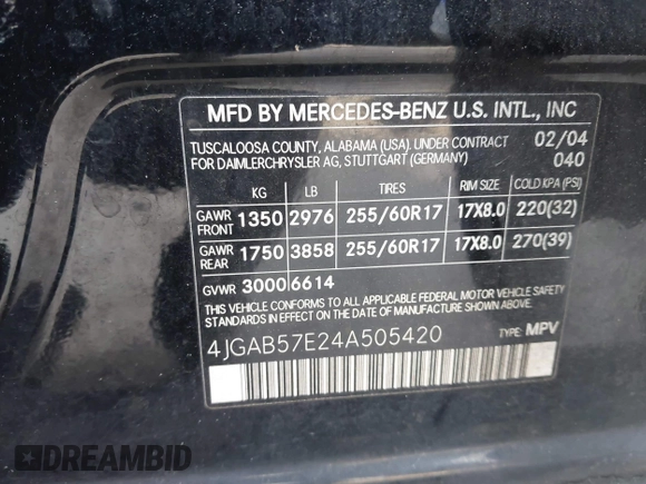 2004 Mercedes-Benz M 350 with VIN 4JGAB57E24A505420, listed as a IAAI auction lot 42070034 with 228,002 mi miles and . Bid and sale history available at carsss.com. Image 9.