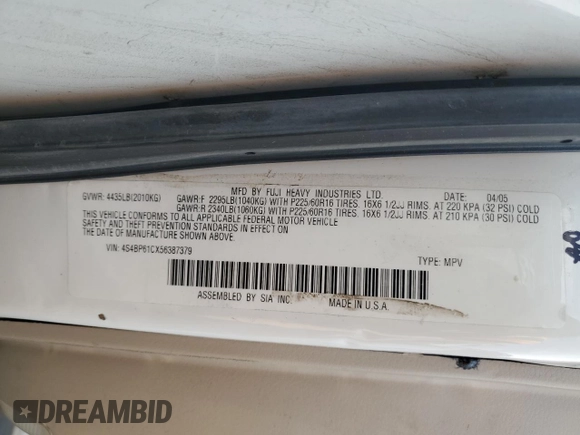 2005 Subaru Legacy Outback with VIN 4S4BP61CX56387379, listed as a Copart auction lot 58770845 with 162,280 mi miles and Clean title. Bid and sale history available at DreamBid. Image 13.