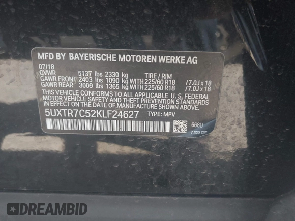2019 BMW X3 sDrive30i z VIN 5UXTR7C52KLF24627, wystawiony jako IAAI lot #41821295 z przebiegiem 98 308 mil mil oraz . Historia ofert i sprzedaży dostępna na DreamBid. Obrazek 9.