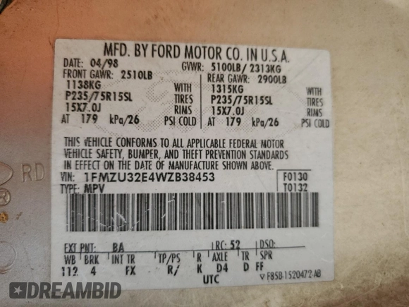 1998 Ford Explorer XL with VIN 1FMZU32E4WZB38453, listed as a Copart auction lot 54140715 with 201,446 mi miles and Non repairable. Bid and sale history available at DreamBid. Image 13.