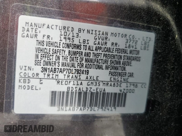 2013 Nissan Sentra S with VIN 3N1AB7AP7DL792419, listed as a Copart auction lot 55405655 with 116,635 mi miles and Clean Title. Bid and sale history available at DreamBid. Image 12.