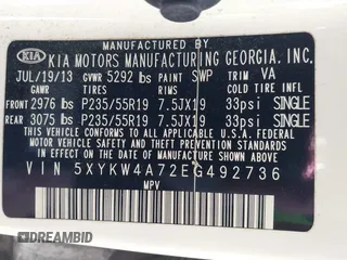 2014 Kia Sorento SX with VIN 5XYKW4A72EG492736, listed as a IAAI auction lot 42009349 with 165,492 mi miles. Bid and sale history available at carsss.com. Image 9.