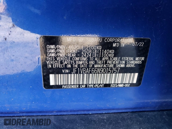 2022 Subaru WRX Premium with VIN JF1VBAF66N9015757, listed as a Copart auction lot 45162385 with 22,539 mi miles and Salvage Title. Bid and sale history available at carsss.com. Image 12.