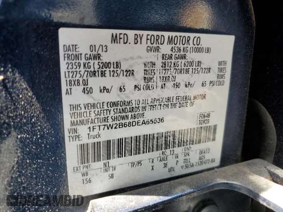 2013 Ford F-250 XL with VIN 1FT7W2B68DEA65536, listed as a Copart auction lot 56983405 with 123,614 mi miles and Salvage title. Bid and sale history available at DreamBid. Image 12.