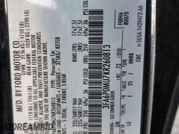 2019 Ford Fusion Hybrid SEL with VIN 3FA6P0MU7KR260813, listed as a Copart auction lot 73311492 with 70,783 mi miles. Bid and sale history available at carsss.com. Image 13.