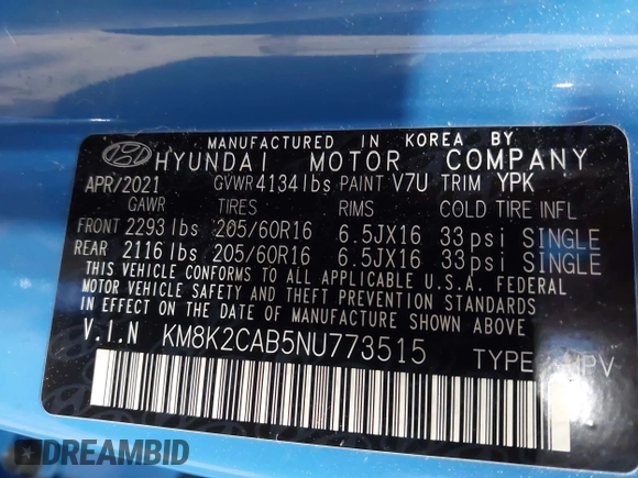 2022 Hyundai Kona SE with VIN KM8K2CAB5NU773515, listed as a IAAI auction lot 41360362 with 14,709 mi miles. Bid and sale history available at carsss.com. Image 9.