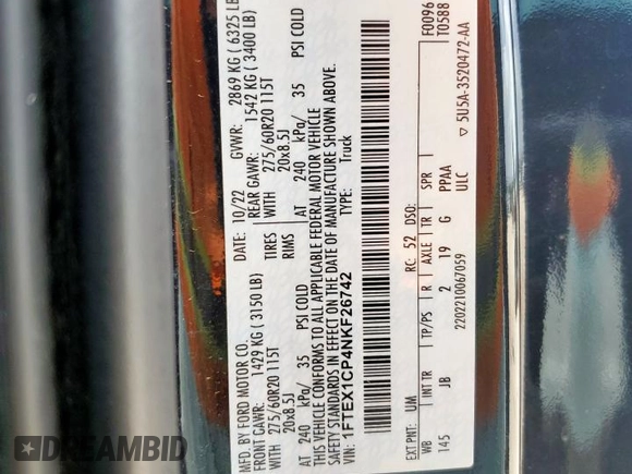 2022 Ford F-150 XL z VIN 1FTEX1CP4NKF26742, wystawiony jako Copart lot #63074985 z przebiegiem 85 801 mil mil oraz Szkoda całkowita • Salvage title. Historia ofert i sprzedaży dostępna na DreamBid. Obrazek 12.