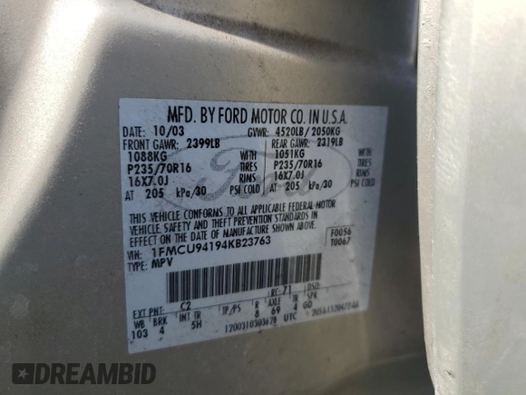2004 Ford Escape Limited with VIN 1FMCU94194KB23763, listed as a Copart auction lot 59710045 with Not provided miles and Non repairable. Bid and sale history available at DreamBid. Image 13.