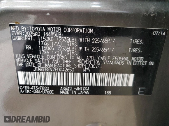 2014 Toyota RAV4 LE with VIN JTMZFREV7ED042650, listed as a Copart auction lot 62836885 with 236,512 mi miles and Salvage title. Bid and sale history available at DreamBid. Image 13.
