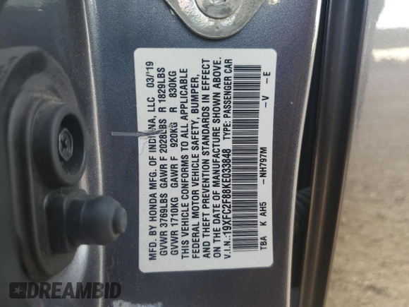 2019 Honda Civic Sport with VIN 19XFC2F88KE033848, listed as a Copart auction lot 53356735 with 78,274 mi miles and Salvage title. Bid and sale history available at DreamBid. Image 15.