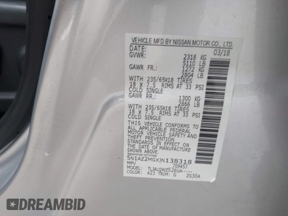 2018 Nissan Murano SV with VIN 5N1AZ2MGXJN138318, listed as a IAAI auction lot 41332561 with 104,067 mi miles and . Bid and sale history available at DreamBid. Image 9.