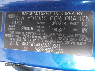 2010 Kia Forte SX with VIN KNAFW4A3XA5250341, listed as a IAAI auction lot 41698461 with 124,334 mi miles. Bid and sale history available at carsss.com. Image 9.