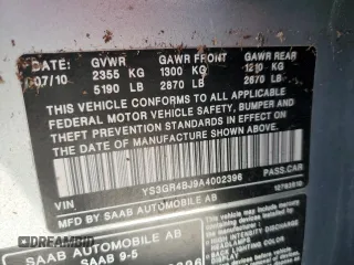 2010 Saab 9-5 Aero with VIN YS3GR4BJ9A4002396, listed as a Copart auction lot 76917424 with 0 mi miles and Salvage Title. Bid and sale history available at carsss.com. Image 12.