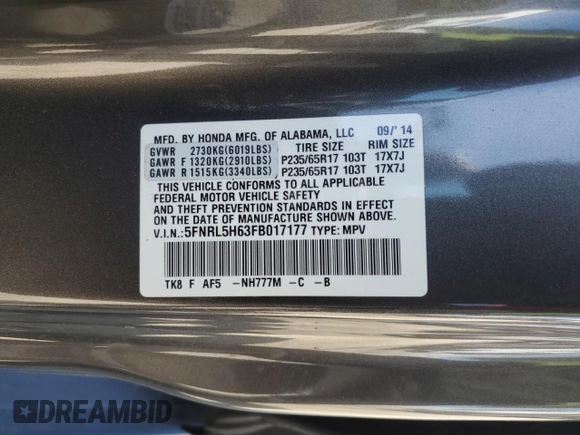 2015 Honda Odyssey EX-L with VIN 5FNRL5H63FB017177, listed as a Copart auction lot 52347205 with 83,148 mi miles and Salvage Title. Bid and sale history available at DreamBid. Image 13.