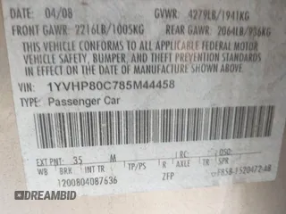 2008 Mazda 6 i Sport VE with VIN 1YVHP80C785M44458, listed as a IAAI auction lot 41993477 with 259,789 mi miles. Bid and sale history available at carsss.com. Image 9.
