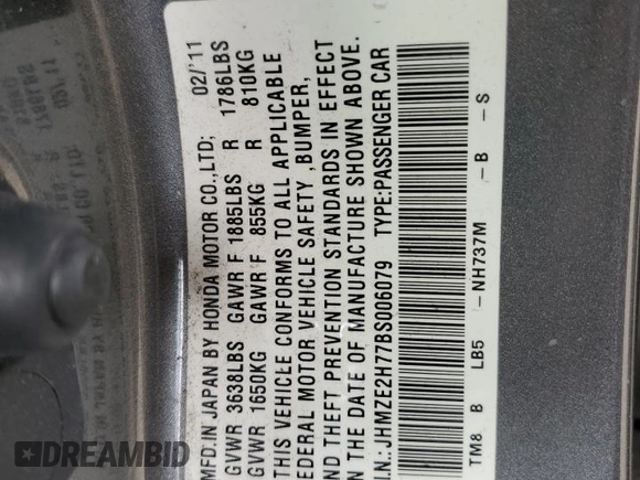 2011 Honda Insight EX with VIN JHMZE2H77BS006079, listed as a Copart auction lot 63873985 with 134,159 mi miles and Salvage title. Bid and sale history available at DreamBid. Image 12.