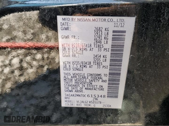 2013 Nissan Pathfinder S with VIN 5N1AR2MN7DC615348, listed as a Copart auction lot 58083035 with 41,949 mi miles and Salvage title. Bid and sale history available at DreamBid. Image 14.