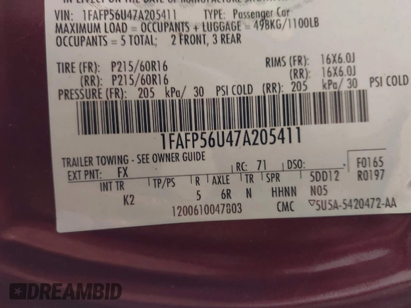 2007 Ford Taurus SEL with VIN 1FAFP56U47A205411, listed as a IAAI auction lot 42589347 with Not provided miles and . Bid and sale history available at DreamBid. Image 9.
