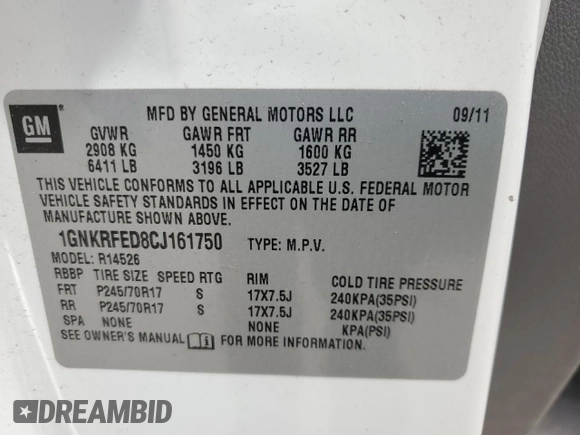 2012 Chevrolet Traverse LS with VIN 1GNKRFED8CJ161750, listed as a Copart auction lot 53997215 with 124,573 mi miles and Clean Title. Bid and sale history available at DreamBid. Image 13.