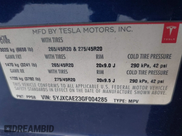 2016 Tesla Model X 70D z VIN 5YJXCAE23GF004285, wystawiony jako IAAI lot #42179024 z przebiegiem 108 472 mil mil oraz . Historia ofert i sprzedaży dostępna na DreamBid. Obrazek 9.