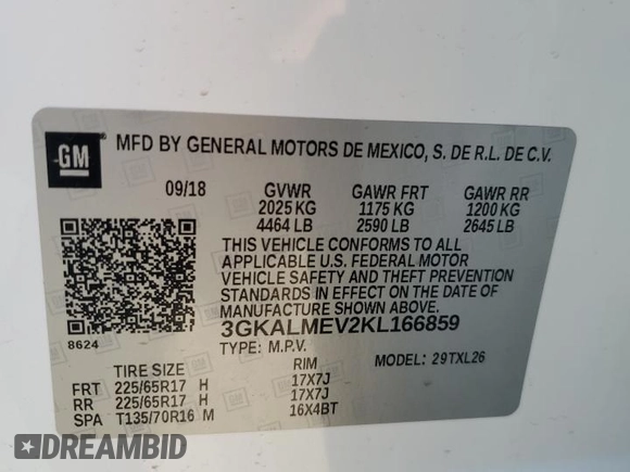 2019 GMC Terrain SLE z VIN 3GKALMEV2KL166859, wystawiony jako Copart lot #59393705 z przebiegiem 86 356 mil mil oraz Szkoda całkowita • Salvage title. Historia ofert i sprzedaży dostępna na DreamBid. Obrazek 13.