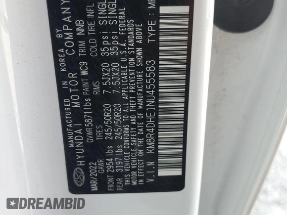 2022 Hyundai Palisade SEL with VIN KM8R4DHE1NU455583, listed as a Copart auction lot 57660355 with 43,705 mi miles and Salvage title. Bid and sale history available at DreamBid. Image 13.