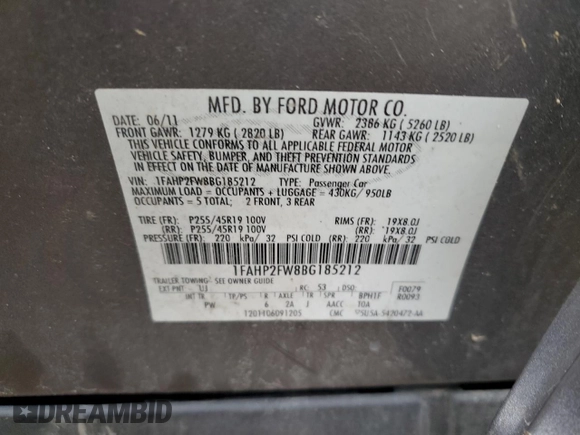 2011 Ford Taurus Limited with VIN 1FAHP2FW8BG185212, listed as a Copart auction lot 50691535 with Not Provided miles and Salvage Title. Bid and sale history available at DreamBid. Image 12.